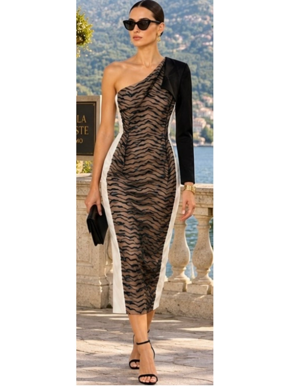 Roland Mouret Midi Dress Size 4 Black Beige One-Shoulder NWT !